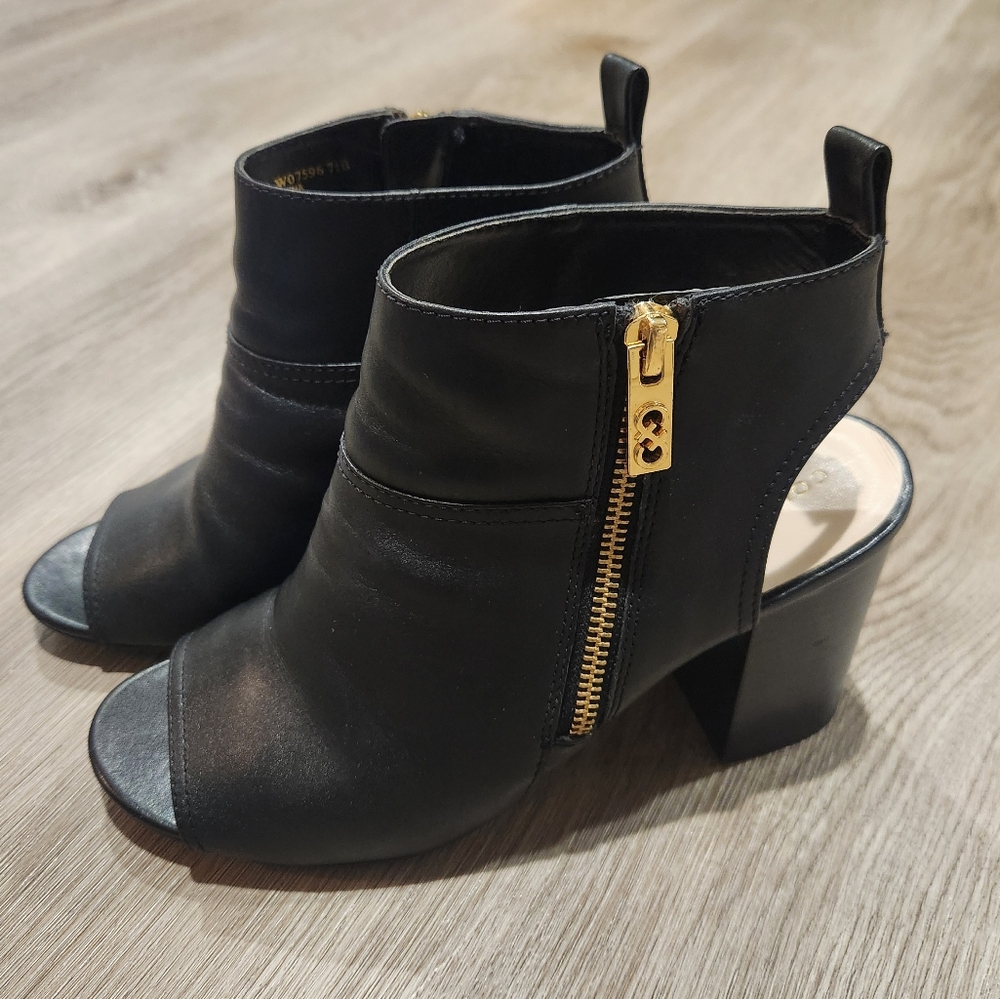 COLE HAAN ZULA SHOOTIE II Black Leather Open Toe Bootie Heeled Women's Sz 7.5B